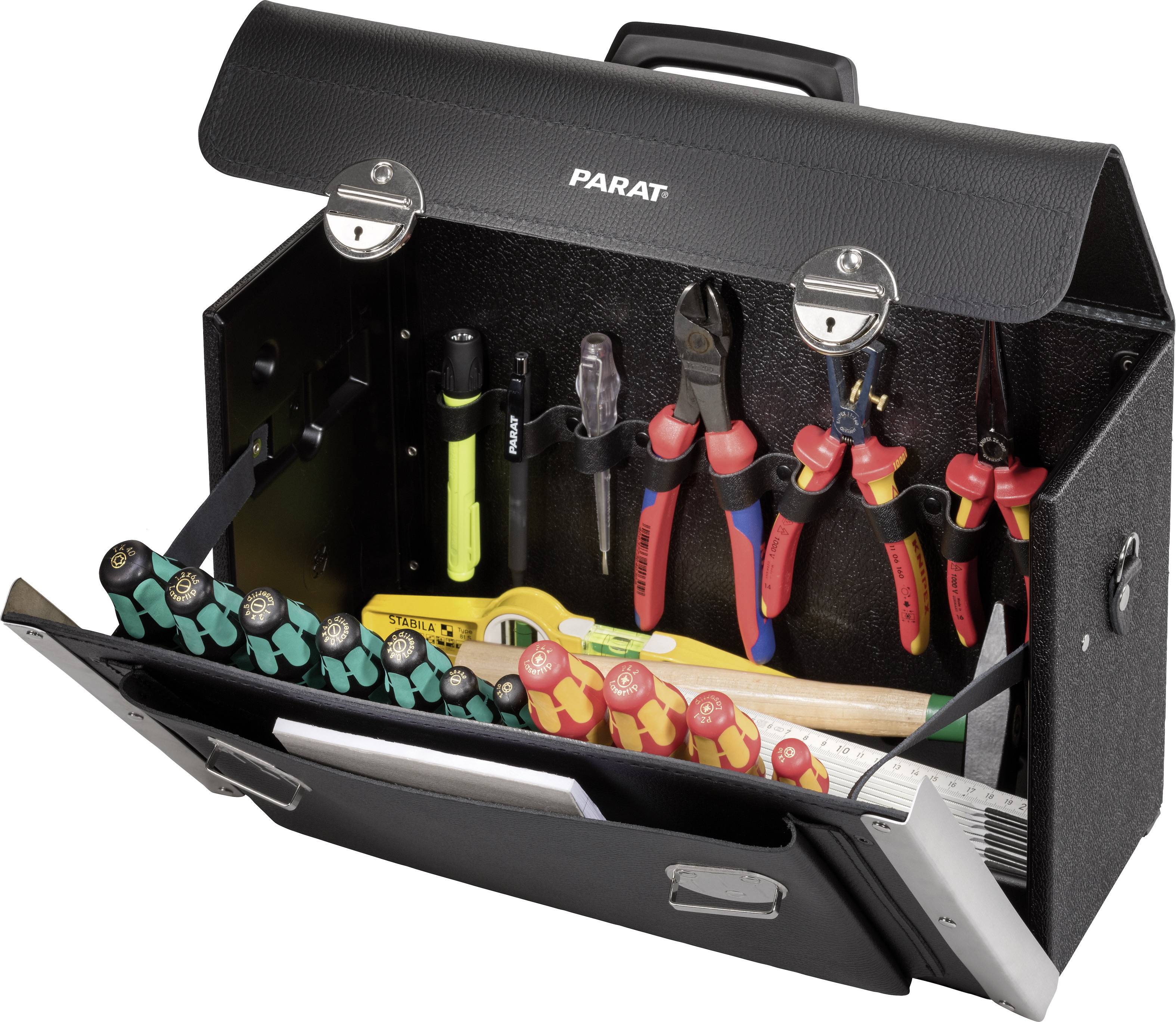 In an open black toolbox, various hand tools such as pliers, screwdrivers, and a tape measure are neatly arranged.