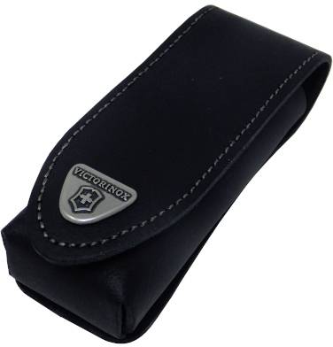 Black leather case with the logo and brand badge of 'Victorinox'. Suitable for storing pocket knives or similar tools.