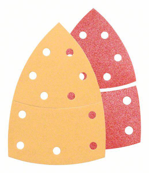 Two triangular sanding sheets, layered on top of each other, with round holes. One is orange, the other red.