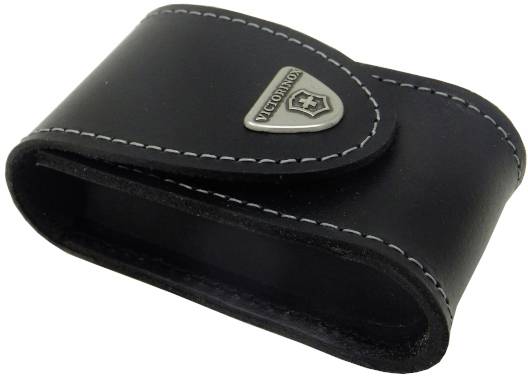 Black leather bag with metal shield on the front, quilted stitching, suitable for protecting and transporting small items.