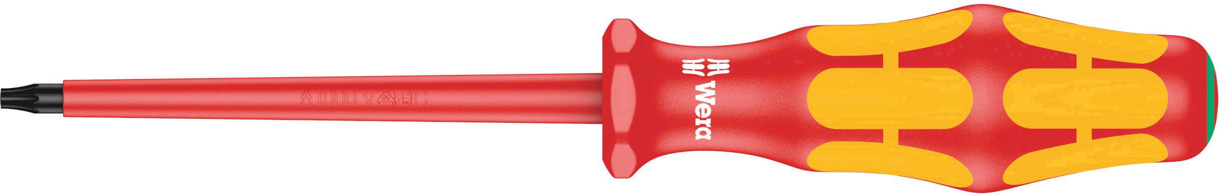 A red screwdriver with yellow grip patterns, with an insulated tip, lying horizontally. Essential tool for electrical engineering.
