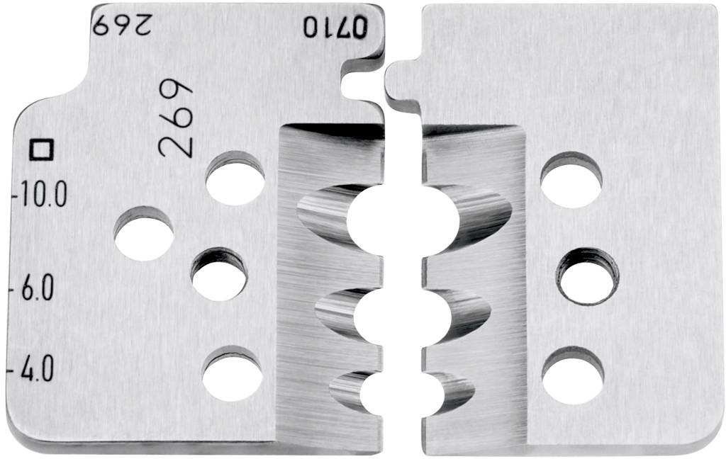 Metal plate with several holes and engravings. Numbers ranging from '-10.0' to '-4.0' on the left, serving as dimensional markings.