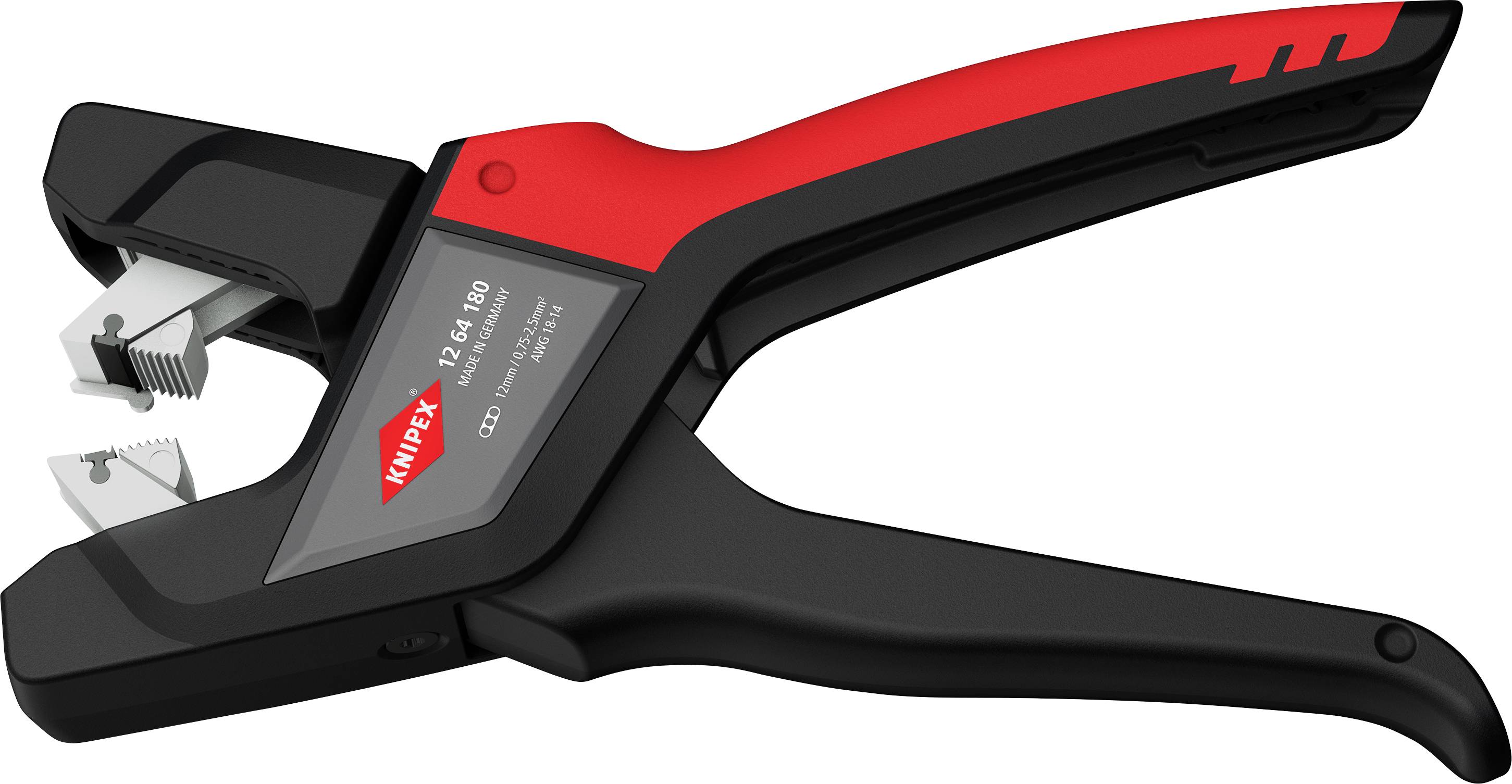 A red and black wire stripping pliers with blade specifications on the side, suitable for precisely removing insulation from cables.