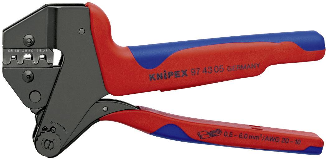 A red and blue crimping pliers by Knipex, model 97 43 05, suitable for cables from 0.5 to 6.0 mm².