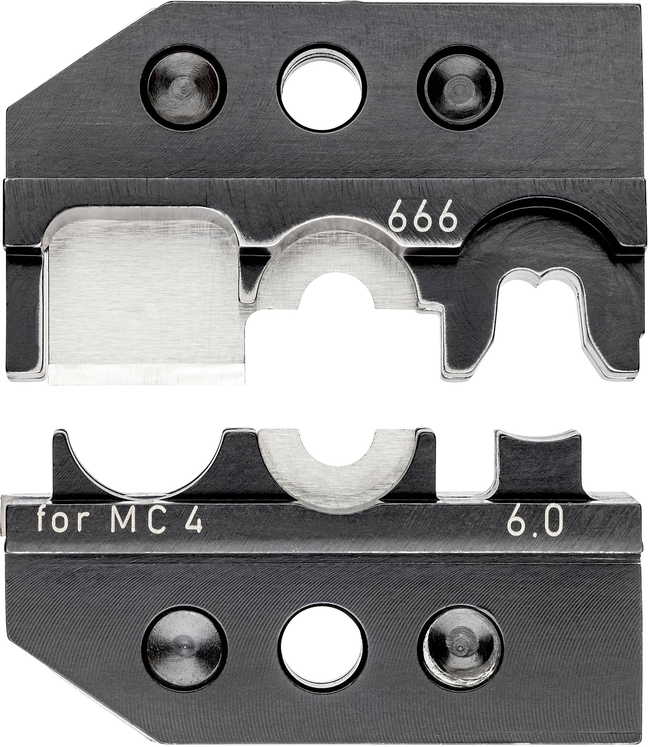Two black, rectangular metal components with vertical recesses and openings that fit together. Upper part bears the numbers '666', lower part 'for MC 4 6.0'.