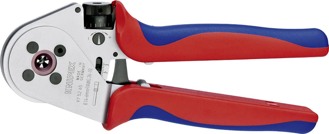 Hand crimping tool with blue and red handles, suitable for crimping insulated cable lugs.