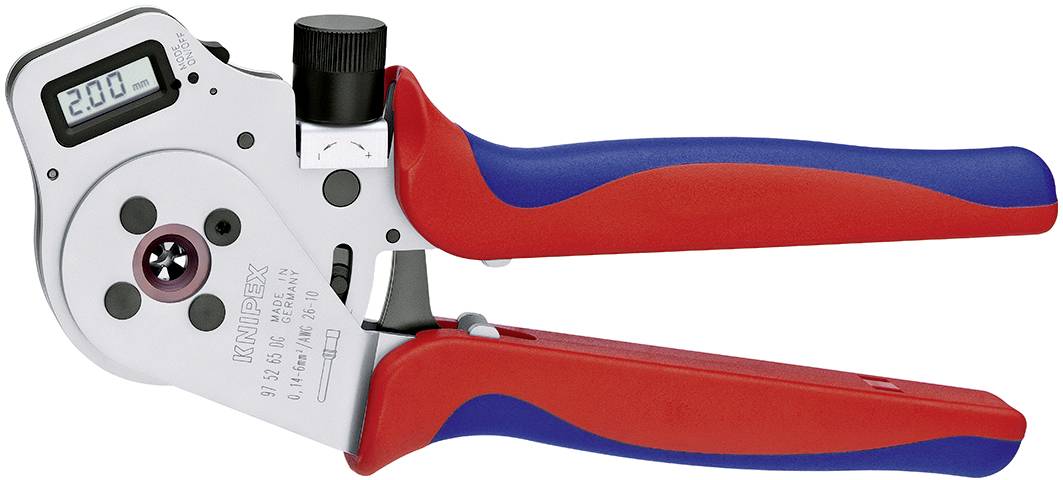 A crimping tool with a digital display shows '2.00'. The tool has red and blue handles and is used for crimping cables.
