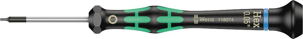 Screwdriver with green-black handle, fine tip and inscription 'Hex 0.05''. Brand name 'Wera' visible on handle.