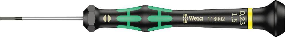 Screwdriver with a green and black handle and a flat tip. Marked with the numbers '0.1x0.5' for precision work.