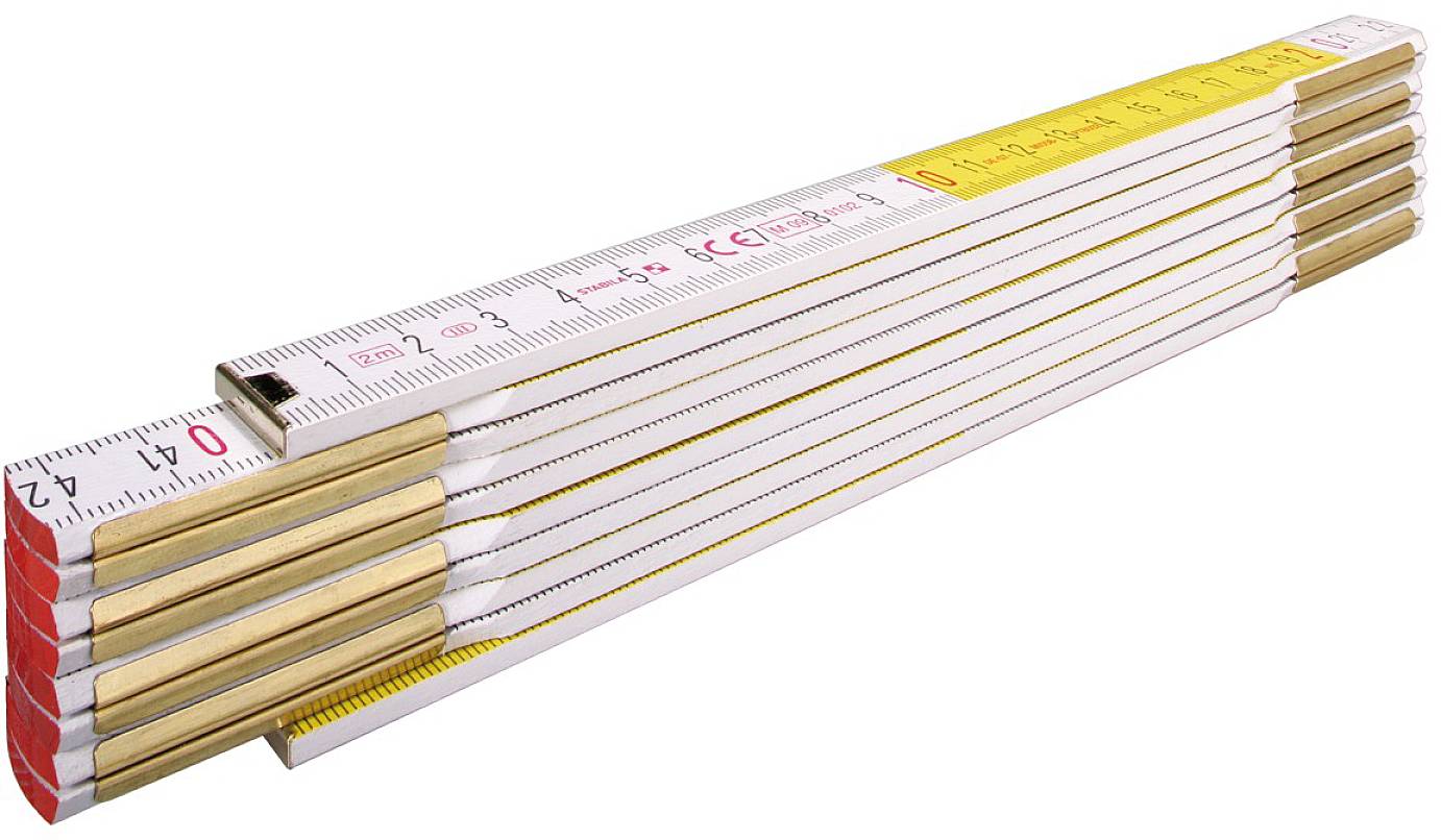 A folded, multi-section wooden ruler with a scale in centimetres and millimetres on a white background.