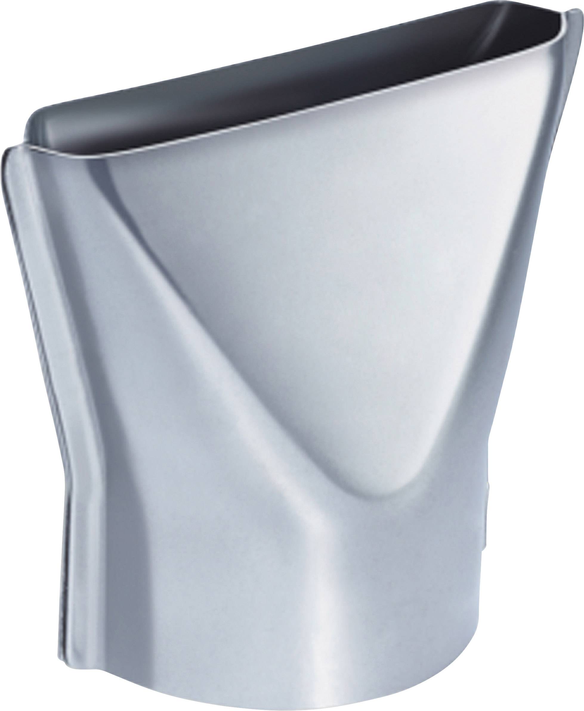 Silver metal piece with a smooth surface, slightly curved. It has an opening and could serve as an end piece or connector.