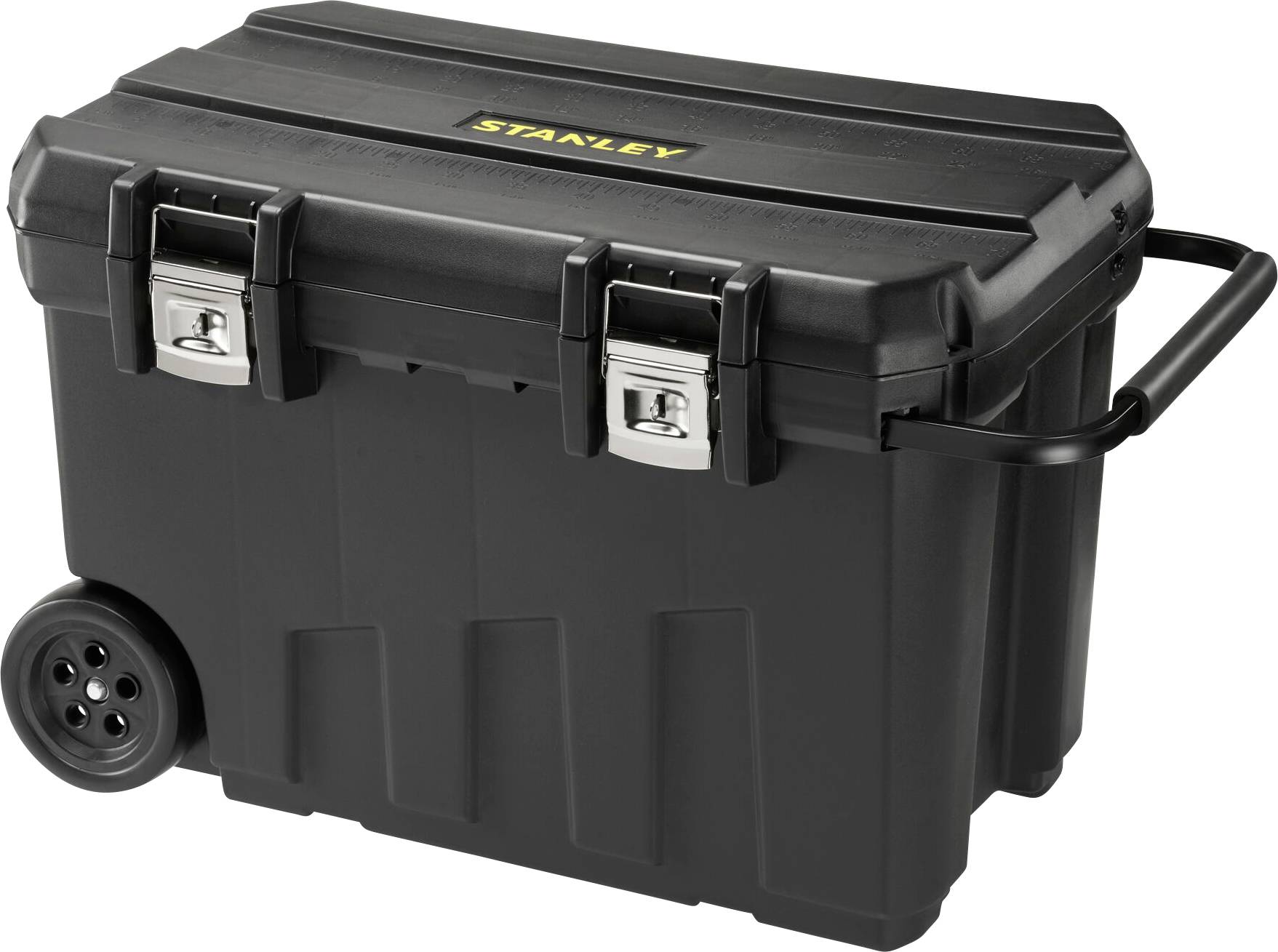 A black toolbox on wheels with metal latches and a handle on the side. 'Stanley' is written on the top.