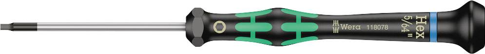 Long screwdriver with black handle and green accents, tip pointing to the left. Printed marking: 'Hex 5/64'.