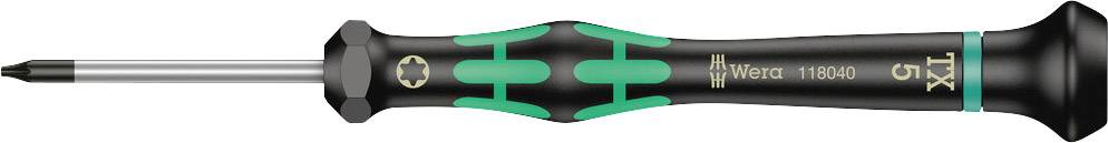 Schwarzer Schraubendreher mit grünem Griff, Markenname 'Wera'. Suitable for precision tasks with a star-shaped head.