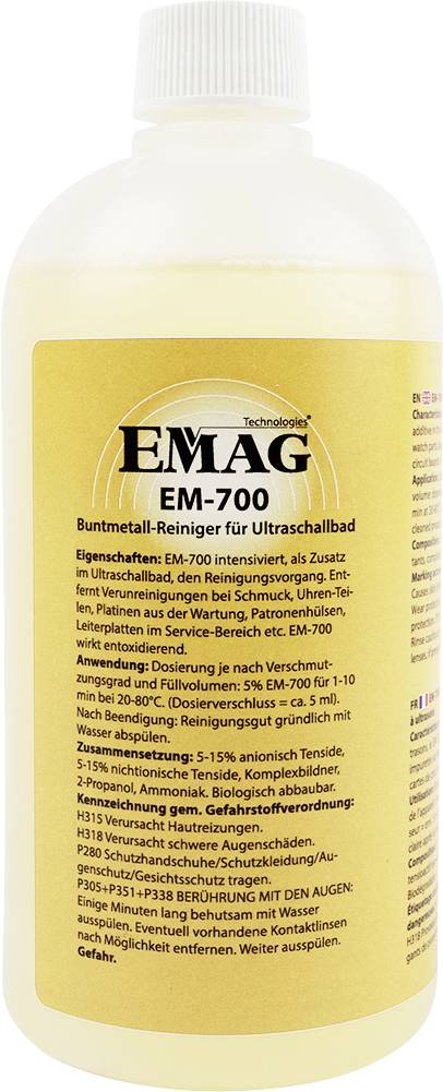 Bottle of EMAG EM-700 cleaning solution with yellow label for ultrasonic bath descaling and cleaning