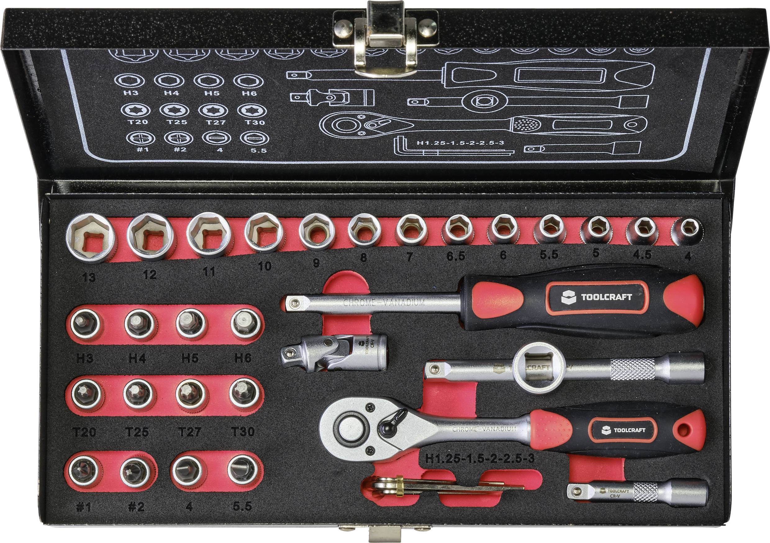 Toolbox with various screwdriver attachments and tools, including a ratchet and screwdriver.