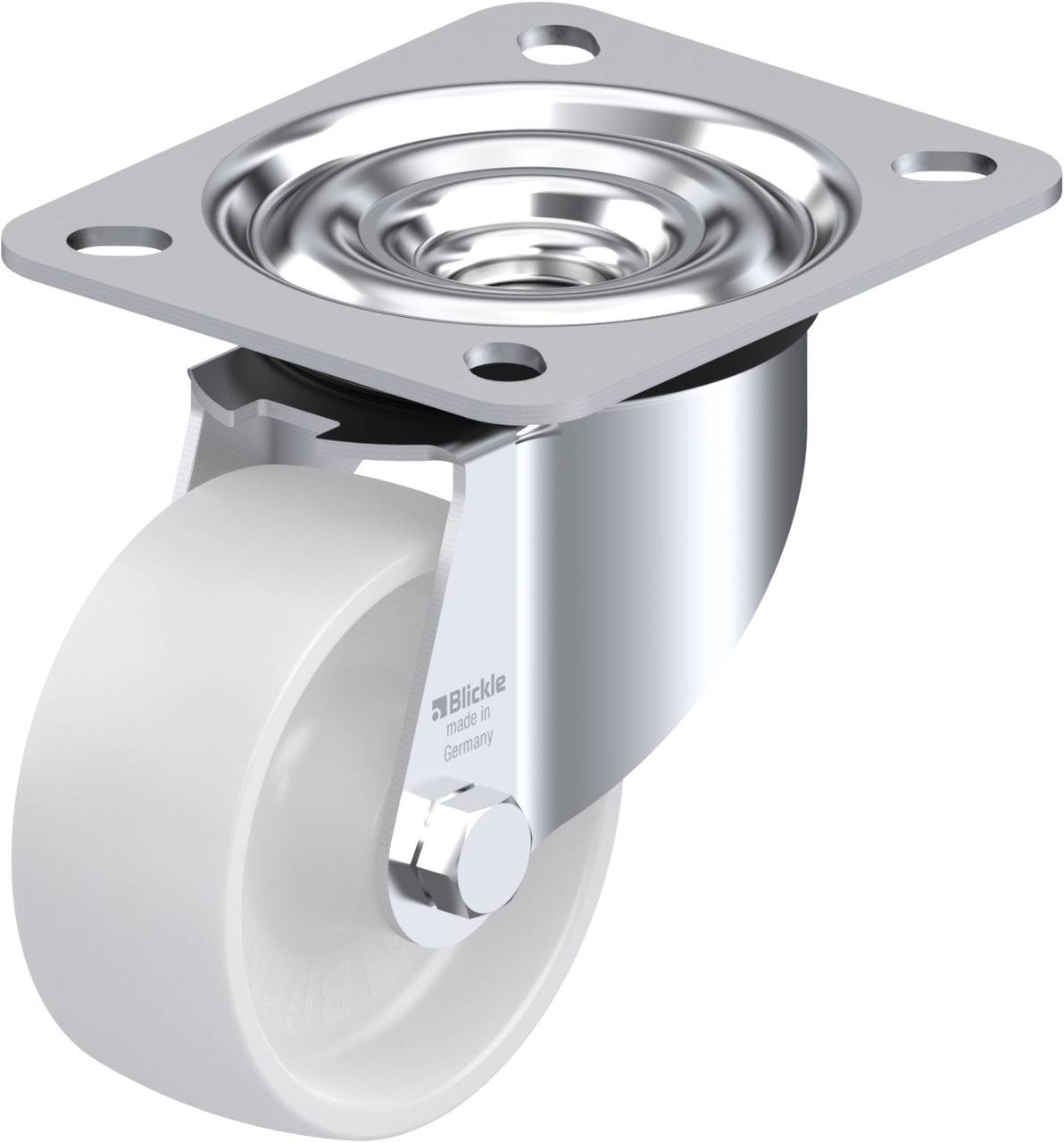A swivel castor with a grey plastic wheel and metal housing, suitable for furniture or transport equipment.