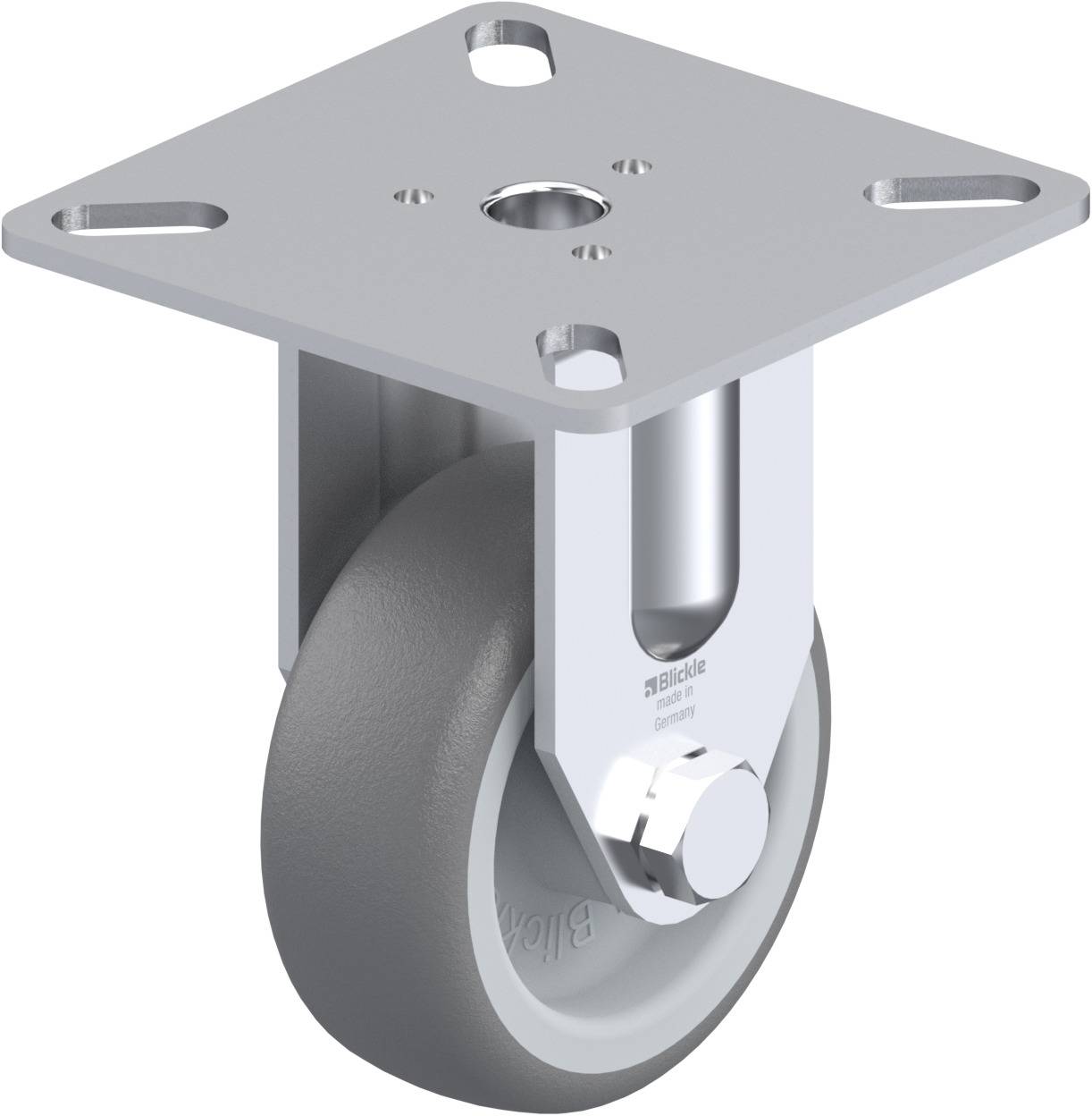A grey-black swivel castor with a rectangular metal mounting plate, suitable for use on furniture or equipment.