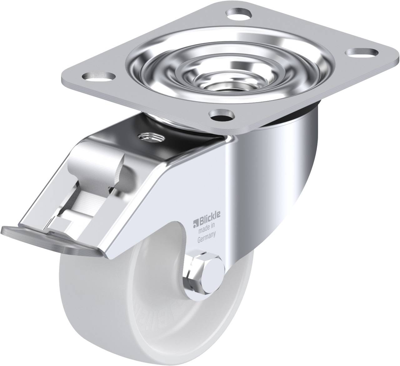 A swivel castor wheel made of metal with a white wheel. It has a rectangular mounting plate with four fixing holes.