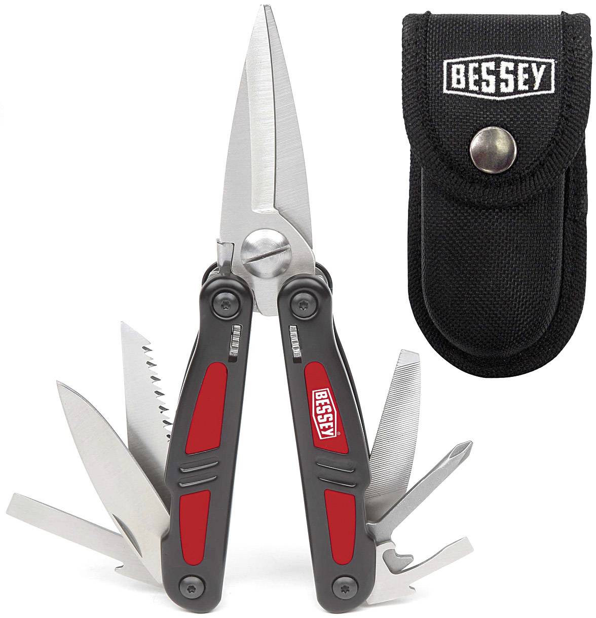 A multi-function tool with various fold-out functions and a red, labelled handle. Beside it, a black pouch.