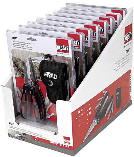A sales display featuring multiple blister packs of a multi-tool and a black Bessey branded bag.