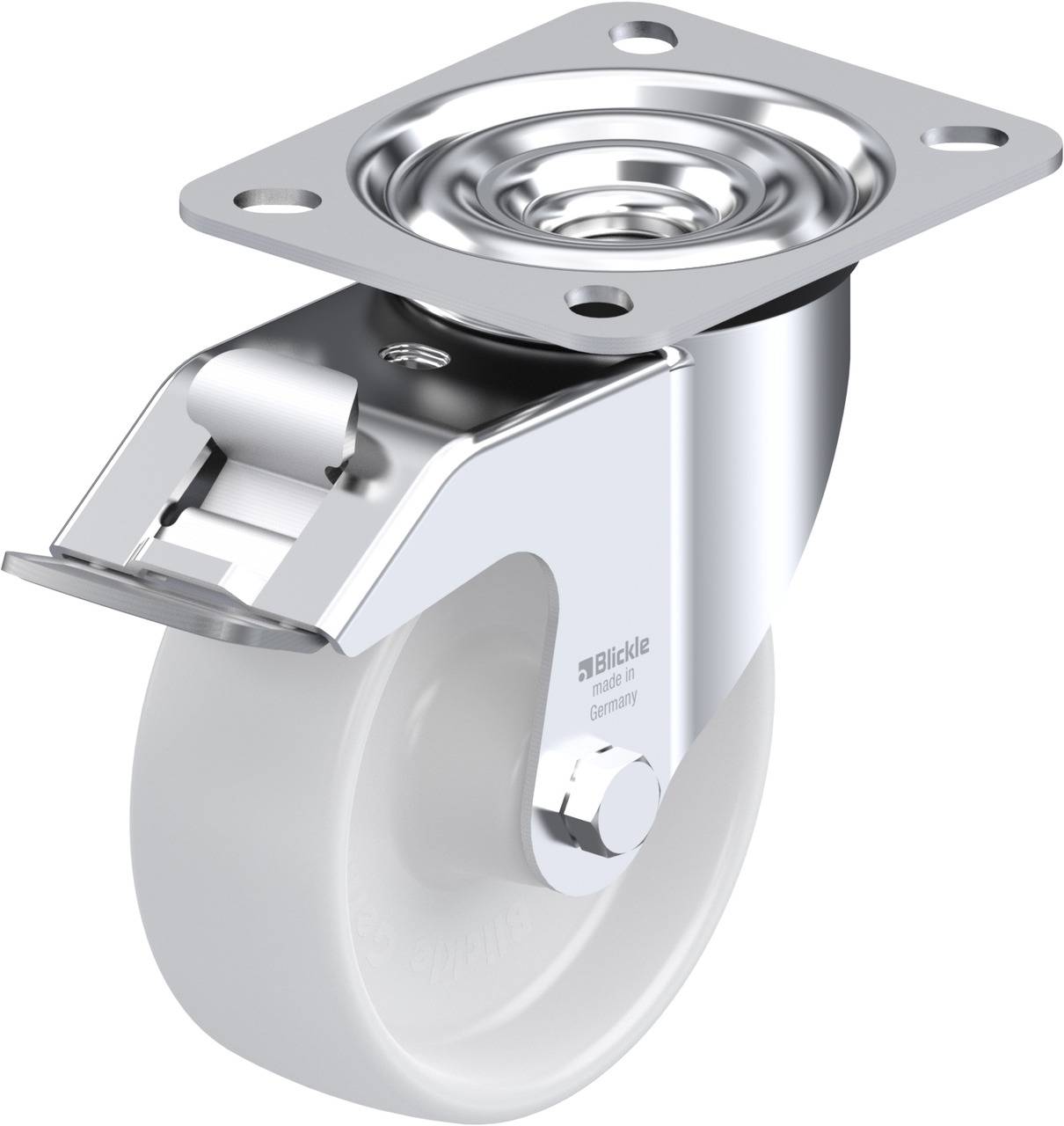 Metal and plastic castor with mounting plate, suitable for furniture or equipment to ensure mobility.