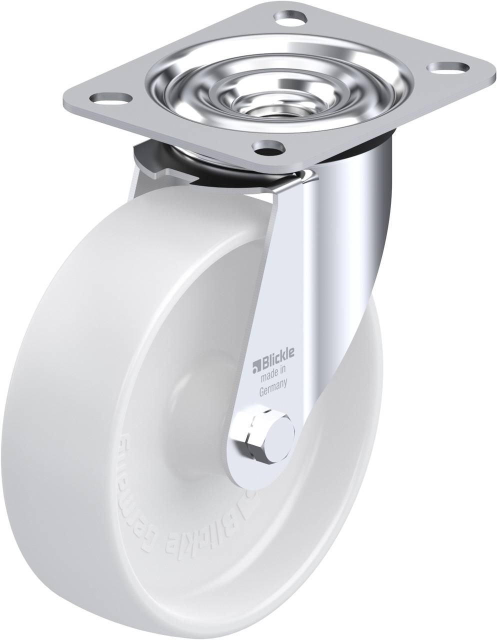 White swivel castor with metal mounting, suitable for furniture or transport equipment.