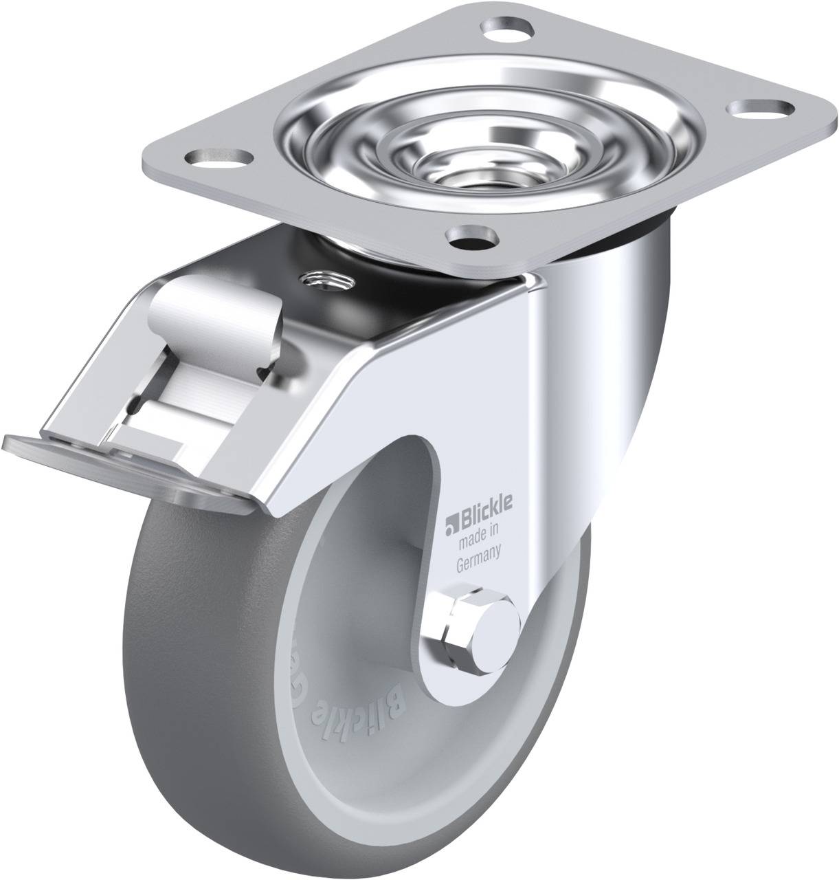 A silver heavy-duty castor wheel with a grey wheel, suitable for industrial applications, with a mounting plate.
