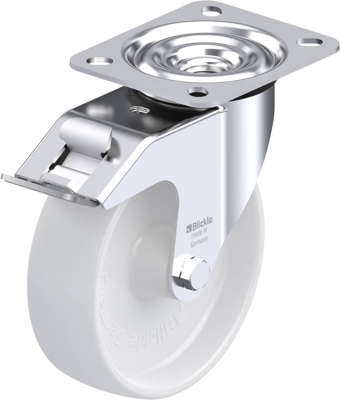 Swivel castor with a grey wheel and silver housing, mountable on furniture or devices for easy manoeuvrability.