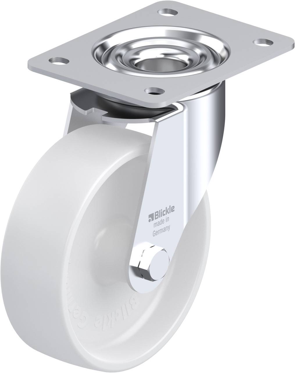 Industrial castor wheel with metal mounting and white wheel, suitable for heavy loads, featuring the 'Blickle' logo and 'made in Germany' text.