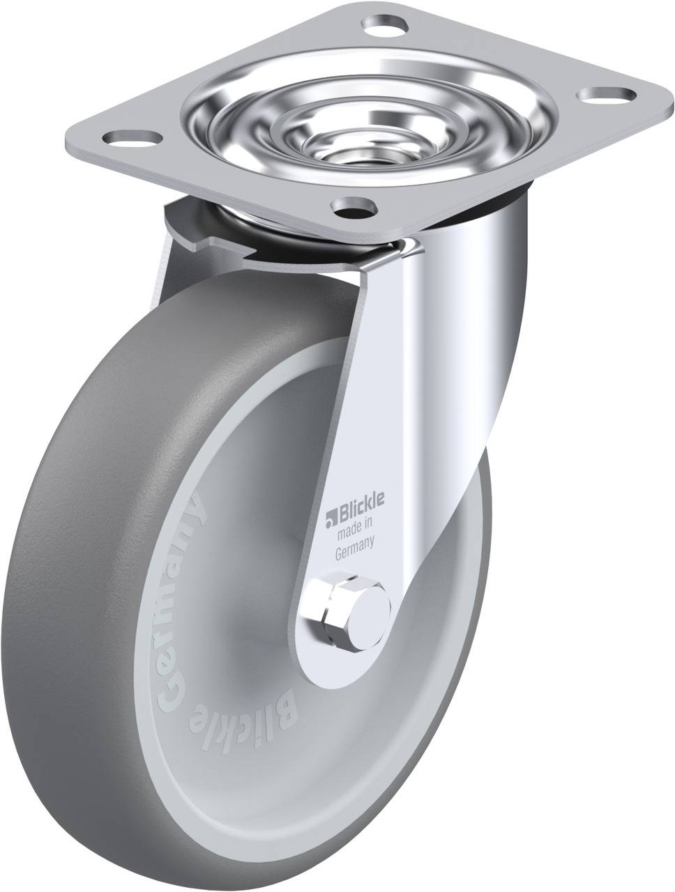 Metal roller with grey wheel and mounting base, suitable for industrial applications.
