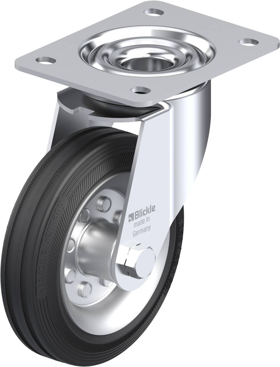 Metallic swivel castor with black wheel and mounting plate, manufactured by Bickle in Germany, suitable for furniture or industrial applications.