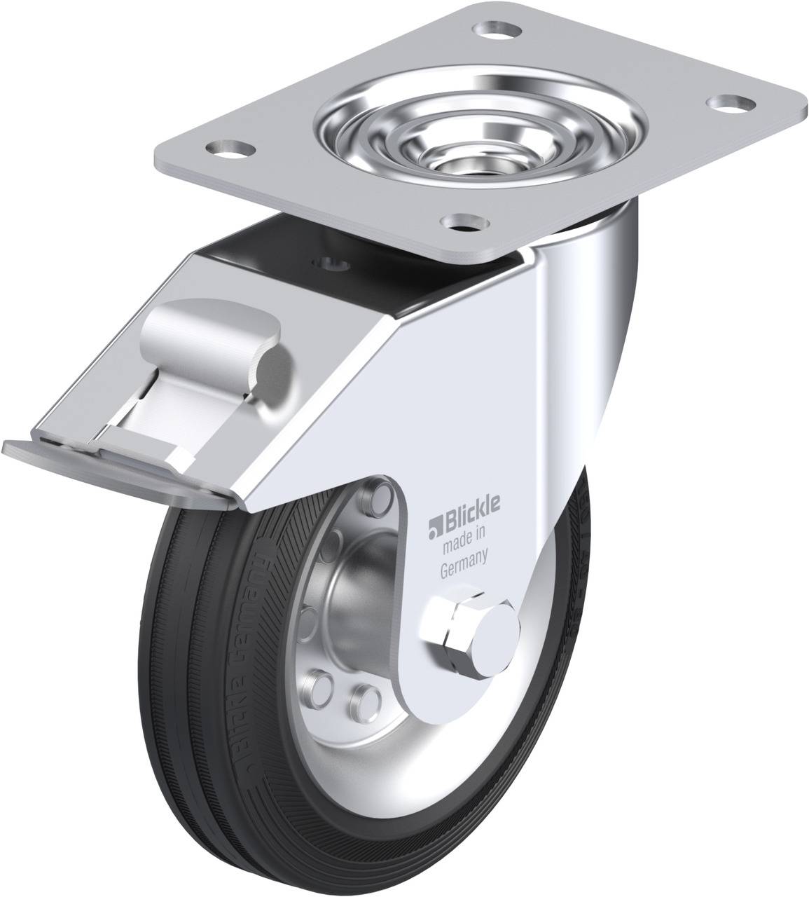 Swivel castor made of metal with a black wheel and mounting plate, suitable for use on furniture or equipment.