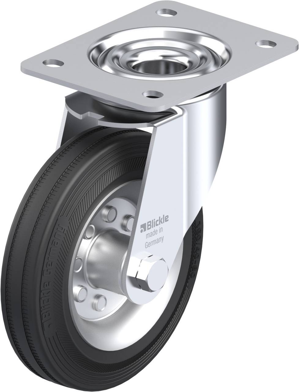 Industrial swivel castor made of metal with a black rubber tyre, suitable for use on furniture or equipment.