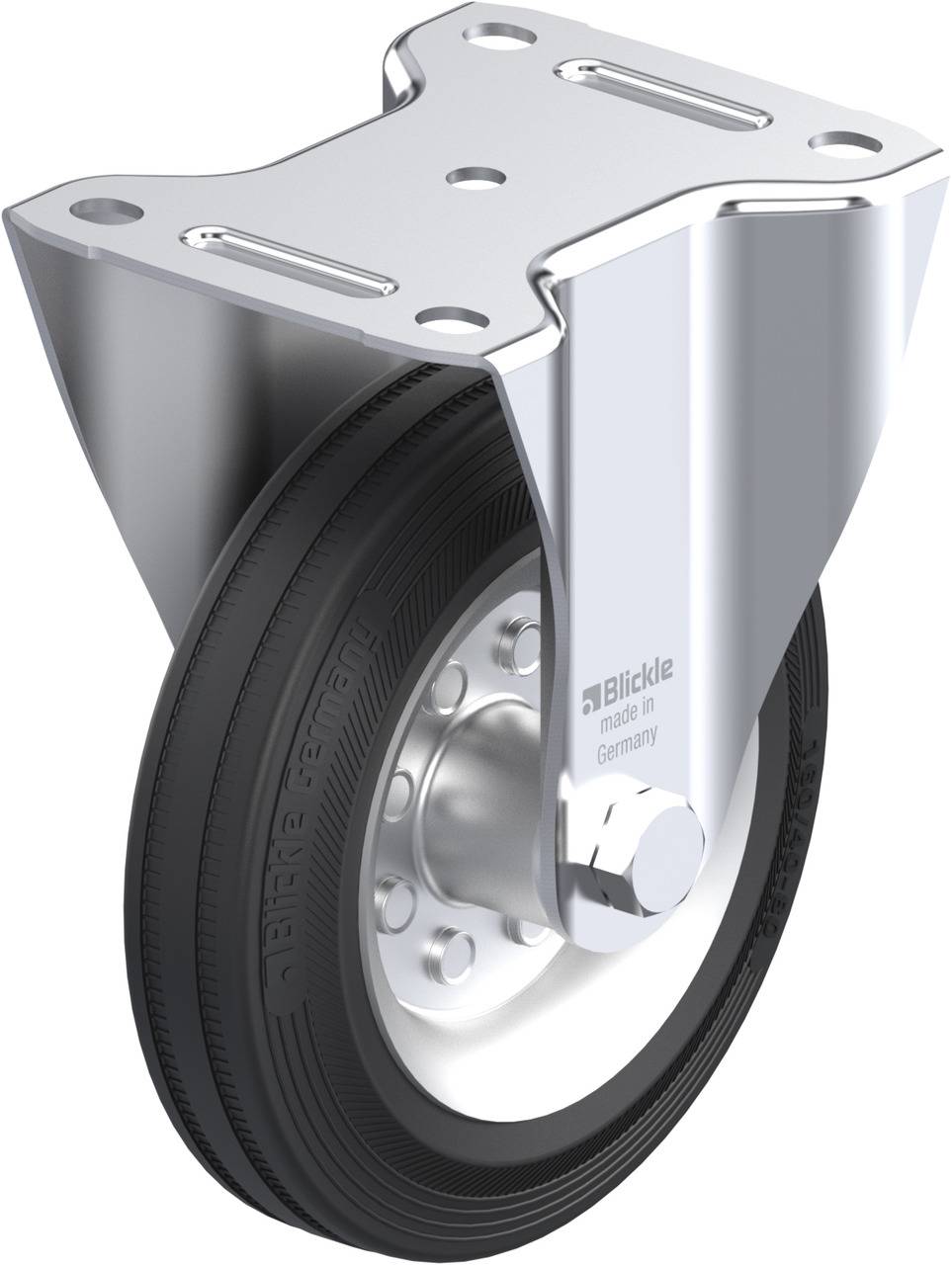 Industrial double wheel with robust metal housing, black rubber wheel and inscription 'Blickle made in Germany'. Suitable for heavy loads.