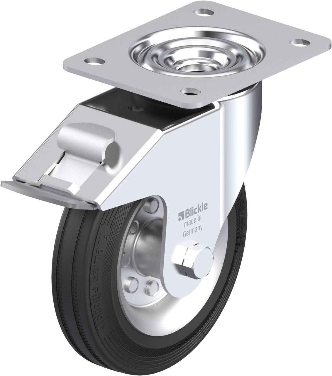 A single, swivel transport castor wheel made of metal with a black rubber tyre and mounting plate, for furniture or trolleys.