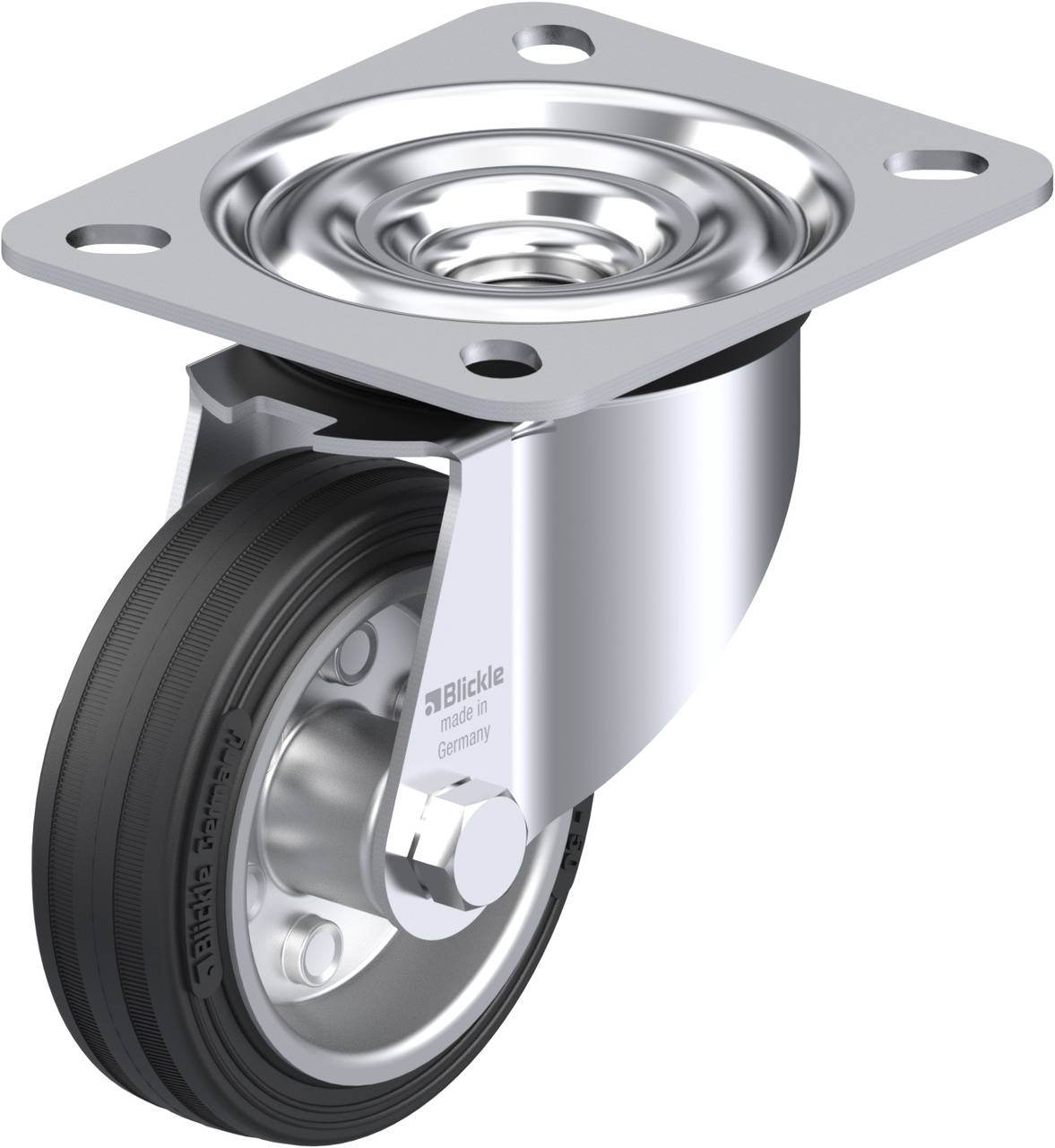Single metal swivel castor with black wheel and mounting plate. Suitable for furniture or equipment with light to medium load.