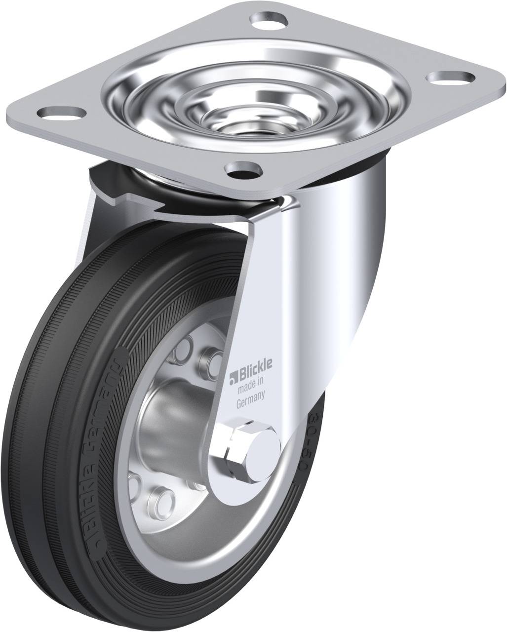Metal and rubber swivel castor with mounting plate, suitable for industrial applications such as trolleys or transport equipment.