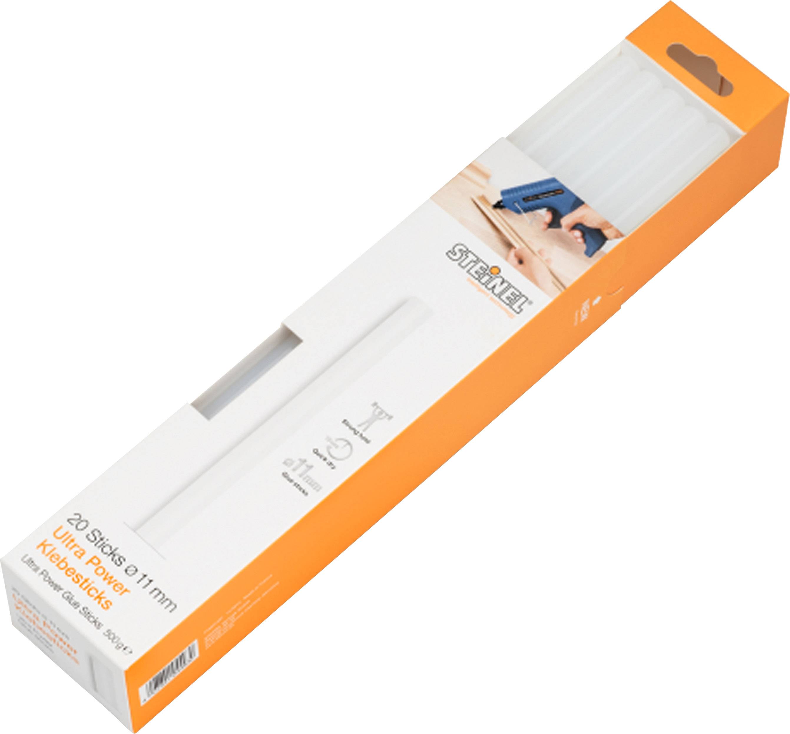 Steinel Glue Sticks Pack of 20, 11 mm Diameter, for Hot Glue Guns, Packaged in Orange and White.