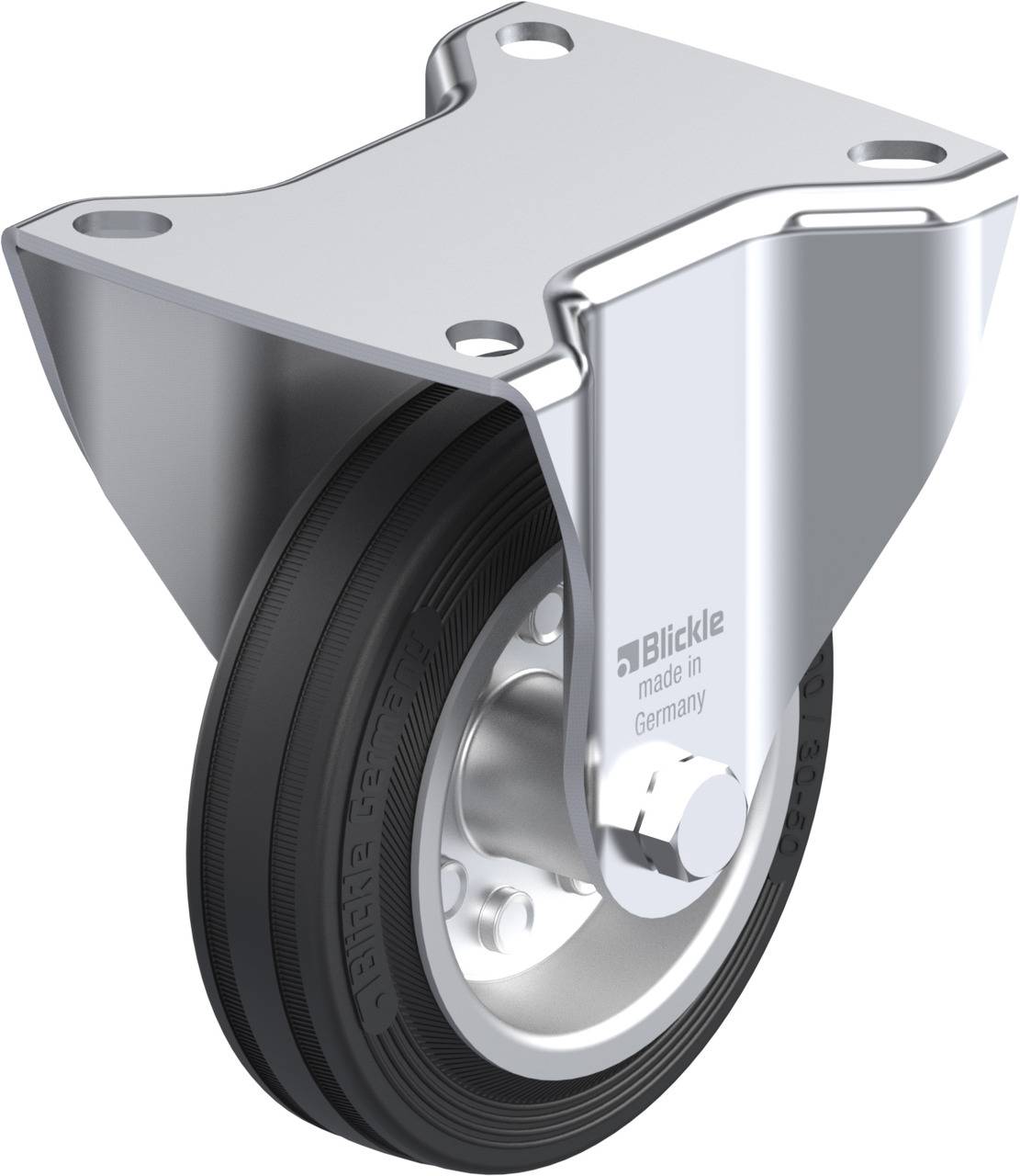 Metal roller bracket with black wheel, Blickle brand, manufactured in Germany.