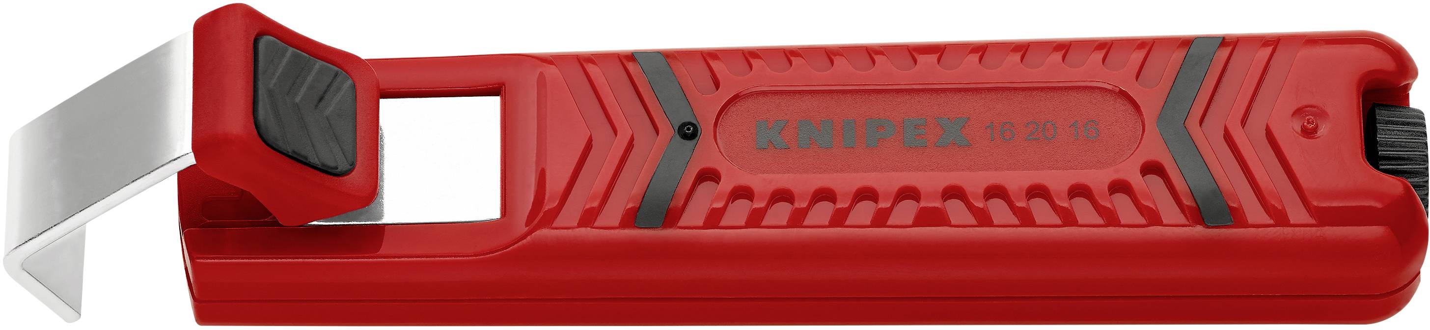 Red cable stripper with grey blade and black grip area, suitable for precise cutting of cable sheaths.