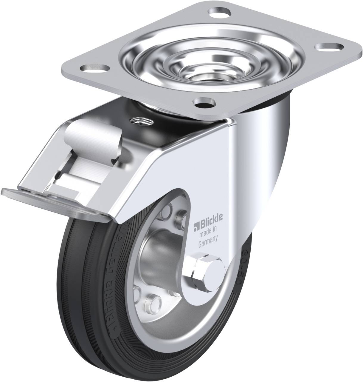 A swivel castor with a black wheel and metal mounting, suitable for furniture or transport trolleys.