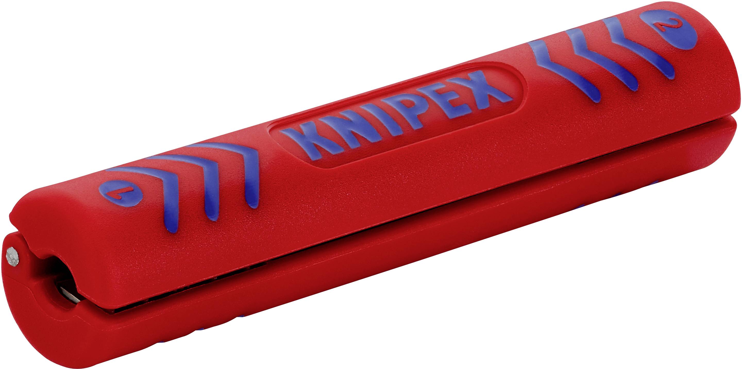 A red cable stripper by Knipex with blue markings.