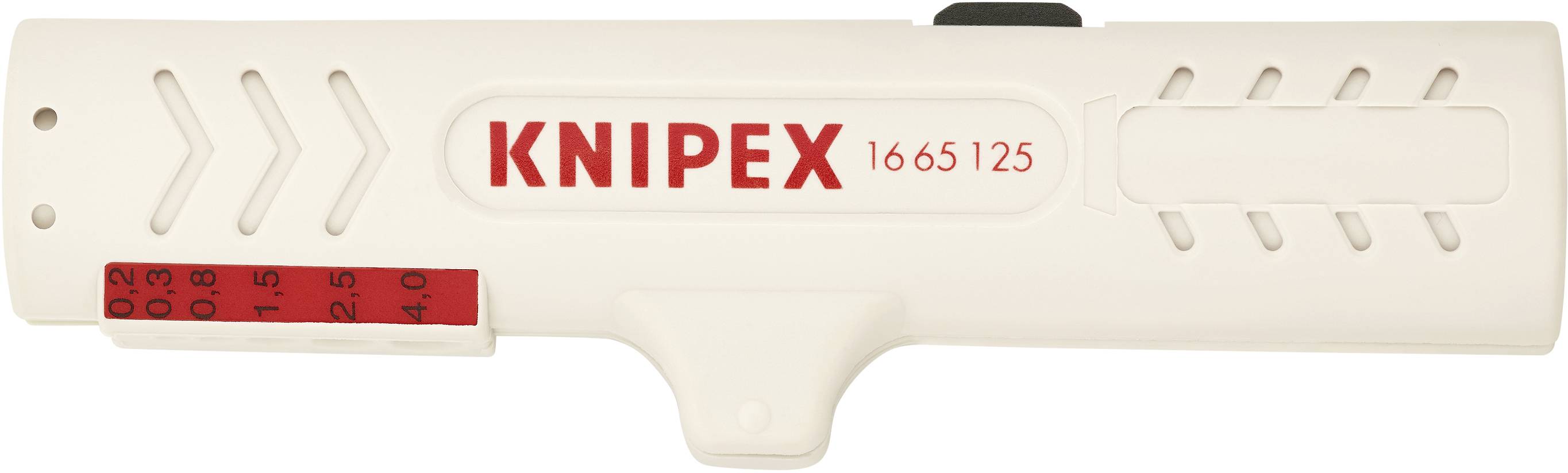 Cable stripping tool with the inscription 'KNIPEX 1665 125'. Scale with numbers 0.2–4.0 indicates wire sizes.