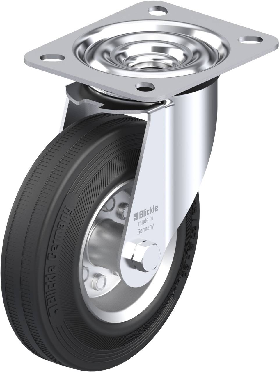 Swivel castor with black rubber tyre, glossy metal housing and rectangular mounting plate; suitable for furniture or transport equipment.