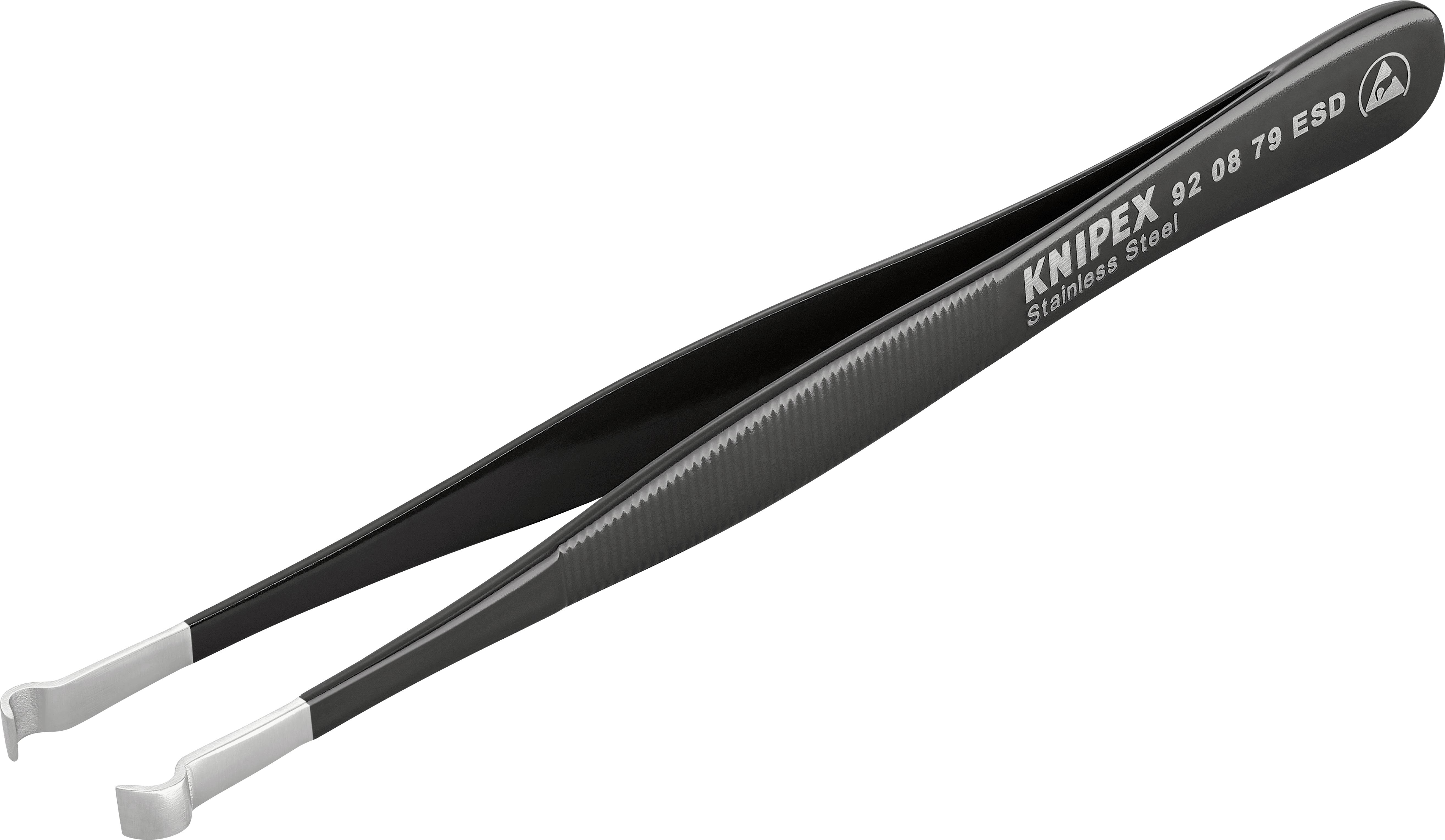 A black stainless steel tweezers with the inscription 'Knipex Stainless Steel 92 08 79 ESD'.