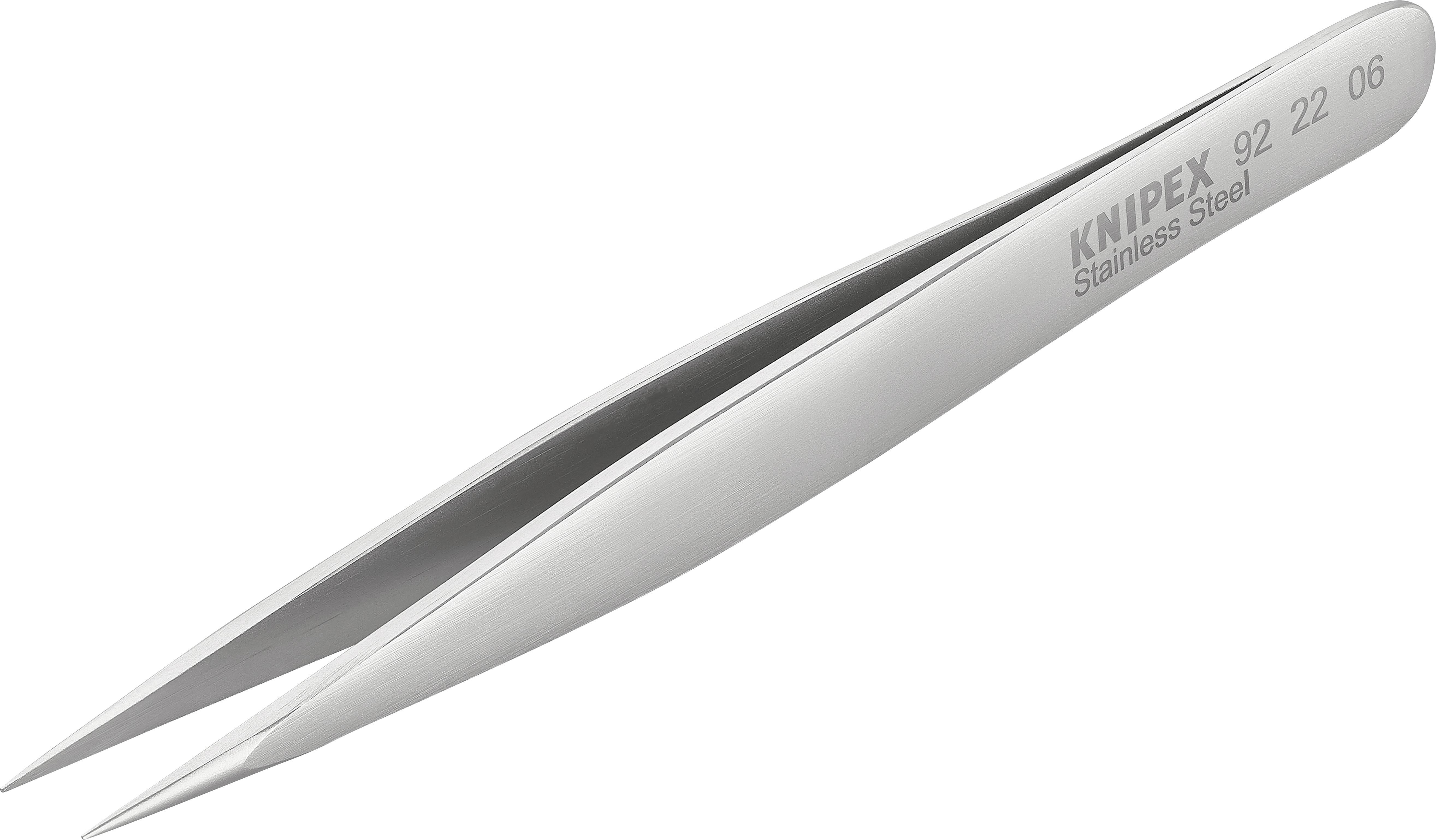 A silver stainless steel tweezers with the inscription 'Knipex Stainless Steel 92 22 06'.