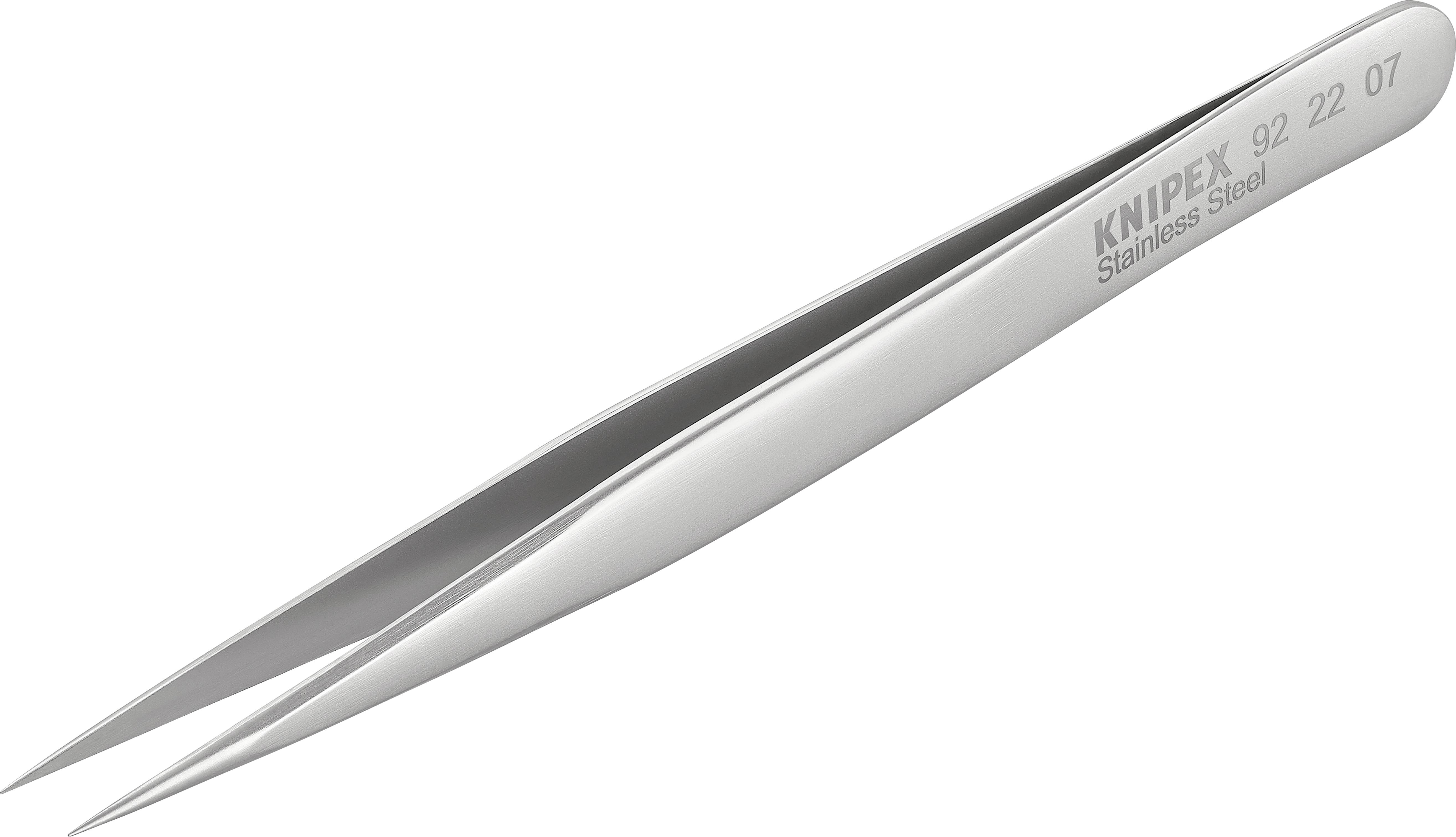 A silver stainless steel tweezers, slim, with pointed tips. On the side it reads 'KNIPEX Stainless Steel 92 22 07'.