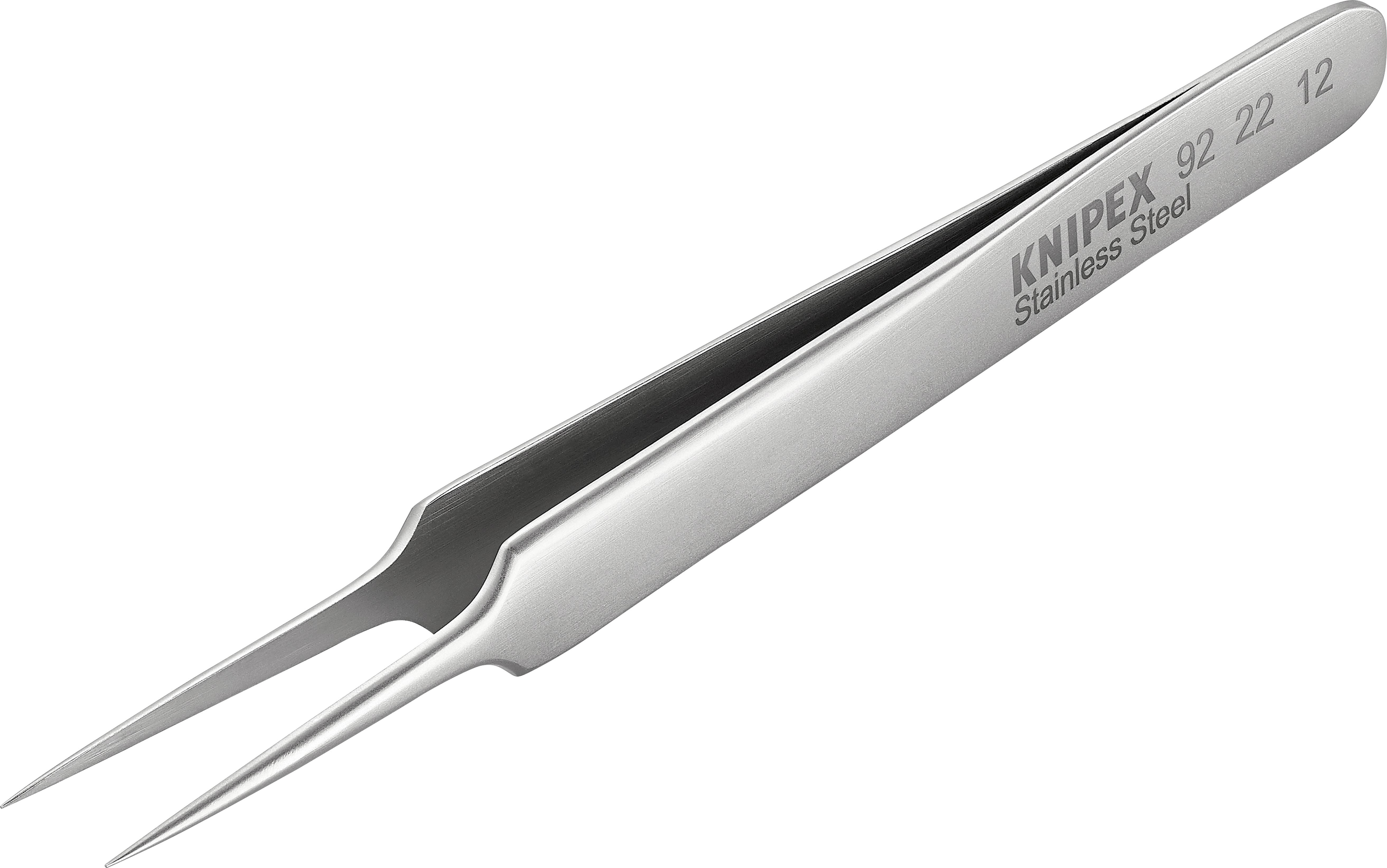 A sharp, silver stainless steel tweezers with the KNIPEX, 92 22 12 inscription, specifically designed for precision work.
