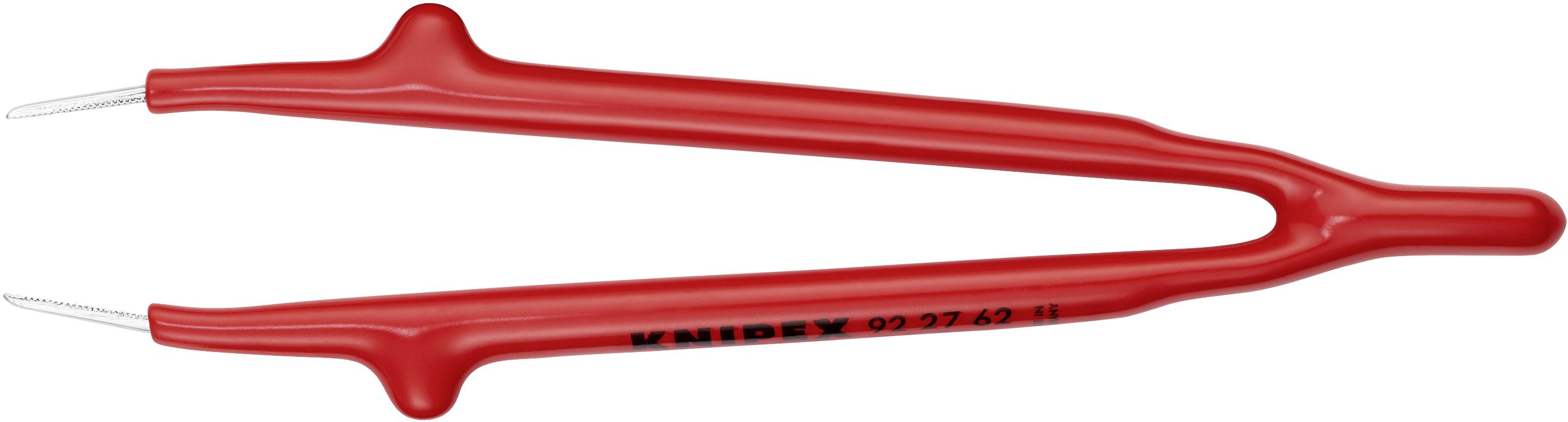 Red plastic tweezers with fine metal tips, curved. Tool for safely handling sensitive electronic components.